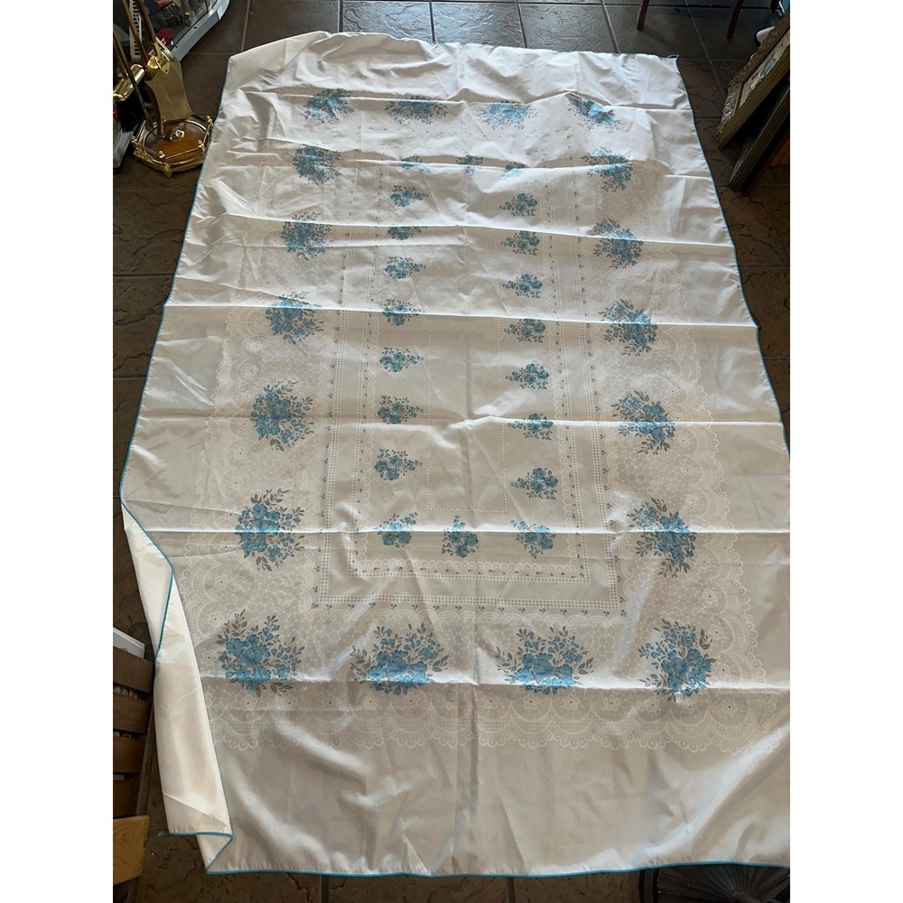 Vintage 1950s 60s Blue Floral Tablecloth 58" x 86" White